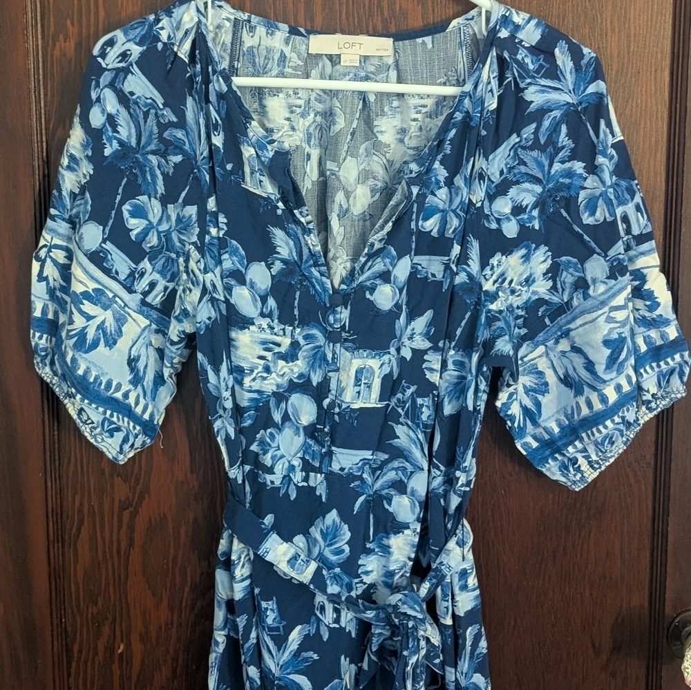 Loft Blue Hawaiian Vacation Print Short Sleeve Midi Dress Size Large Petite - Picture 3 of 7